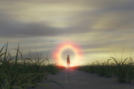 Woman leaving through mysterious portal