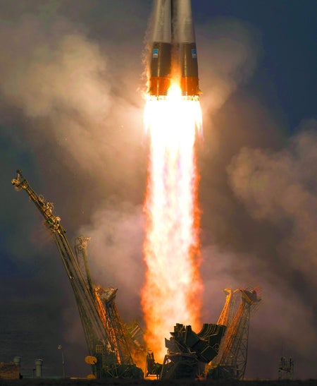 Russian Soyuz-FG rocket glow during a 2015 launch from Kazakhstan