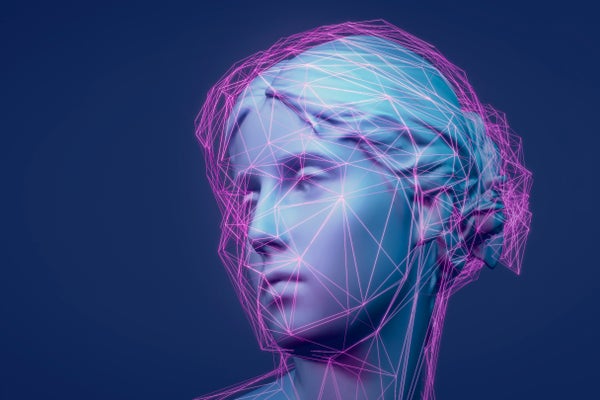 Network of glowing purple lines encapsulating a 3D digitally rendered classic sculpture of a human head