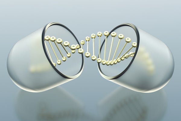 Still life digital illustration showing gold DNA strand inside of open pill capsule.