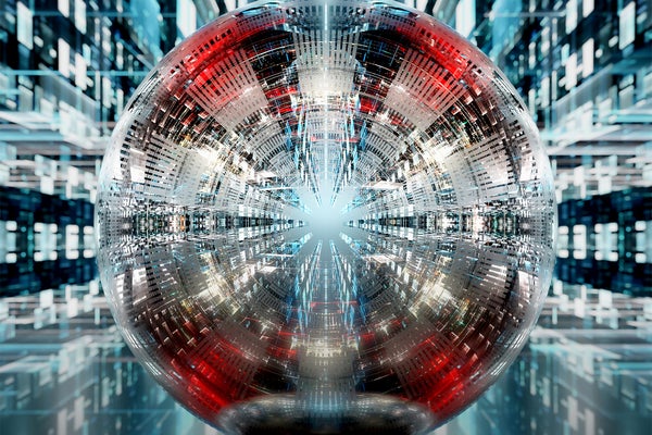 3D rendered artist's concept of a spherical, mirror-like supercomputer