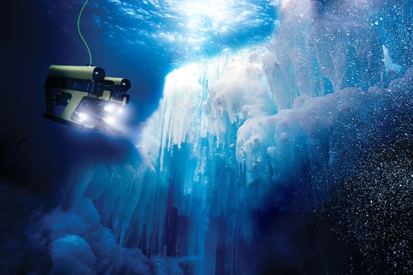 Illustration of an autonomous submarine exploring Europa's subsurface ocean.