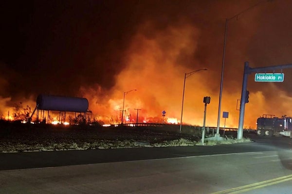 Fire burns at an intersection in Maui with cars, lampposts and a street sign