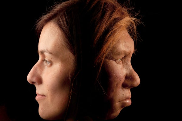 A modern human and a Neandertal woman are shown in side profiles.