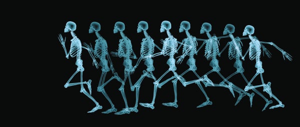 Nine human skeleton silhouettes in running motion.