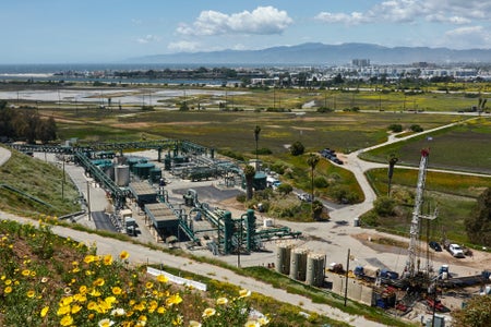 Natural gas storage facility in landscape