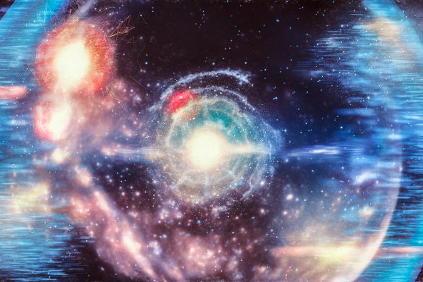 A glowing ball of light in the center, with other, colorful balls and tendrils appearing to fly away from it.