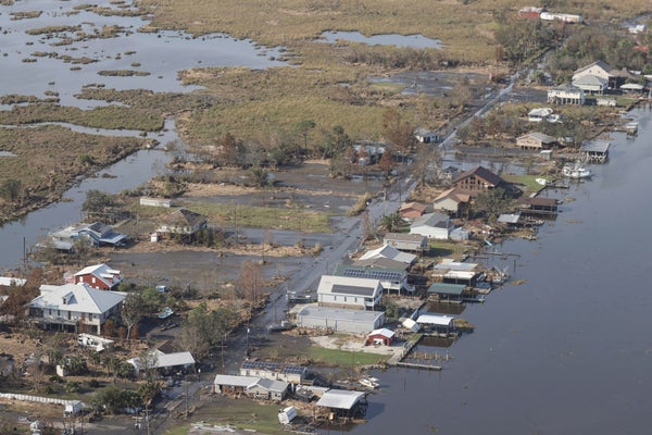 Aerial view of flooded homes.