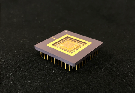 A test chip on a black background.