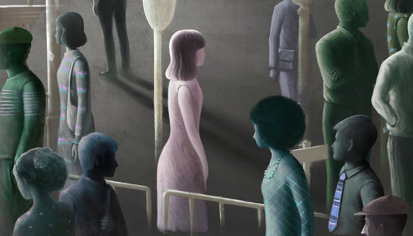 Surreal artist's concept of a woman standing alone in the middle of a crowd in public