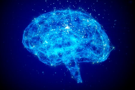 Brain model with neuron, synapse, receptor on dark background