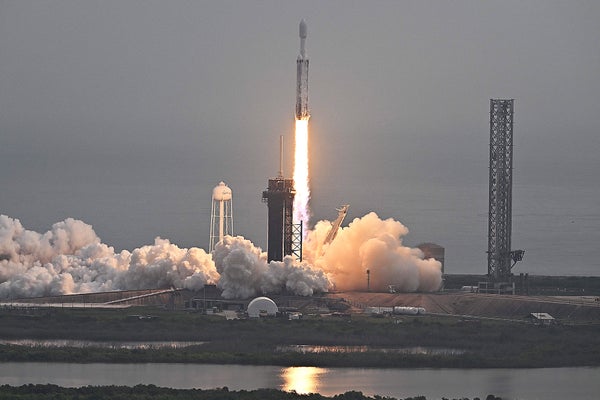 A SpaceX Falcon Heavy rocket with the Psyche spacecraft launches from NASA's Kennedy Space Center in Cape Canaveral, Florida, on October 13, 2023.