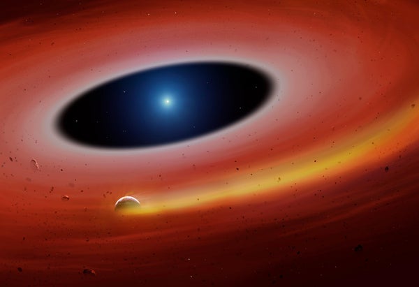 Artist's impression of a disintegrating exoplanet orbiting within a planetary debris disk.