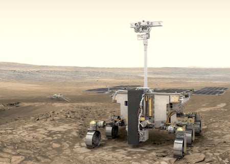 Artist's impression of ESA's ExoMars rover (foreground) and Russia's science platform (background) on Mars.