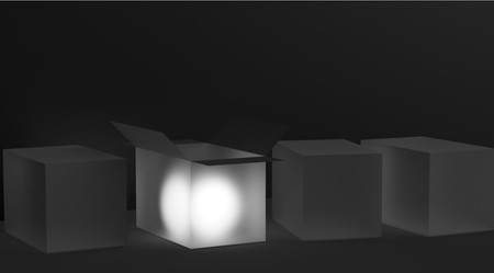 3D rendered luminous opened box glowing among closed square boxes on dark background with reflections and shadows.