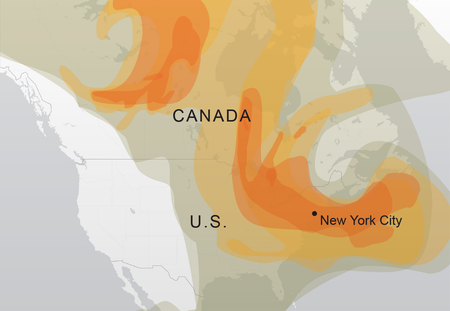 Map overlaid with swathes of color indicates large areas of smoke over North America.
