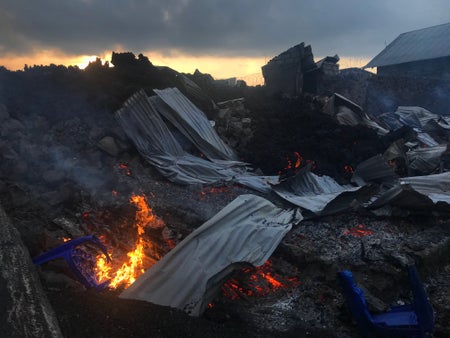 Smoldering ashes seen at Mount Nyiragongo following volcanic eruption.