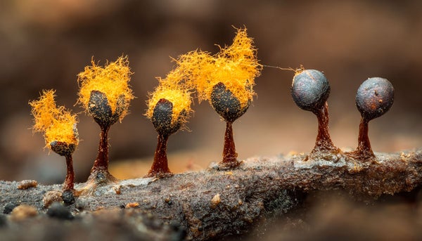 Metatrichia floriformis: The sprouted casings crack open as they dry out, allowing wind to lift away spores, which will form into amoebalike organisms that can harden into a cyst or grow a "tail," depending on how wet their final destination is.