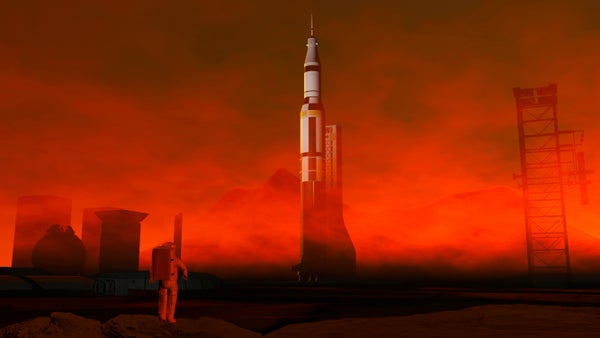 Astronaut on the ground of Mars. Colonization, space base with blood red skies
