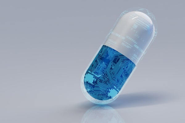 3D illustration of pill containing circuit board