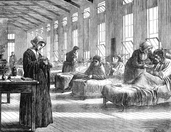 Etching of nurses tending to patients in sick ward.