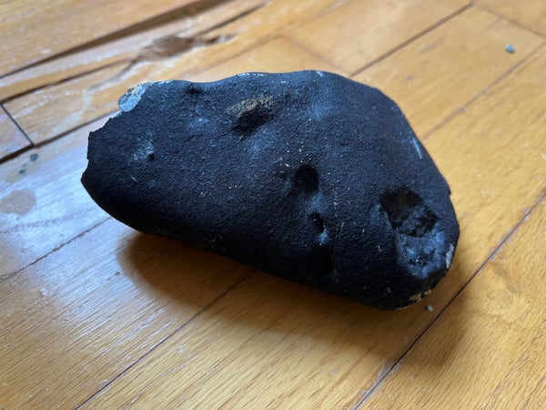 Black meteorite on hardwood floor
