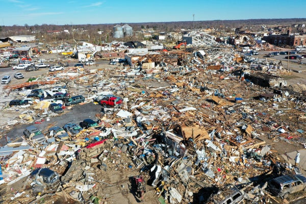 An aerial view of tornado damage in Mayfield, KY.
