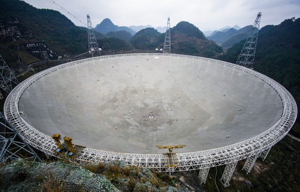 Aerial view of massive radio telescope.
