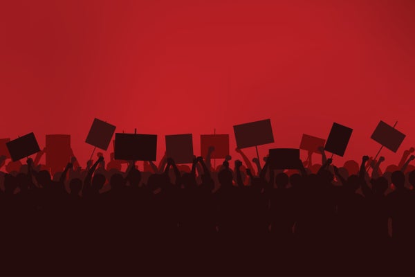 Silhouette group of people Raised Fist and Protest Signs in flat icon design with red color sky background.