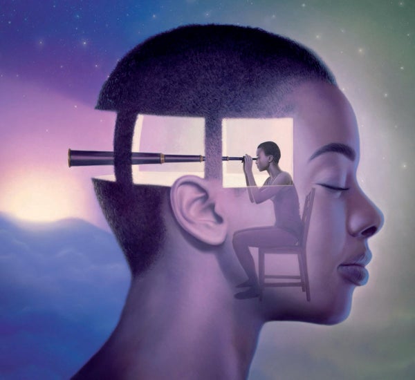 Illustration of a person's facial profile, inside the head is the same person sitting on a chair and looking into a telescope.