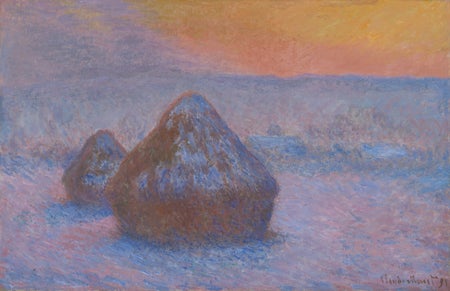 Painting of stacks of wheat, seen in winter