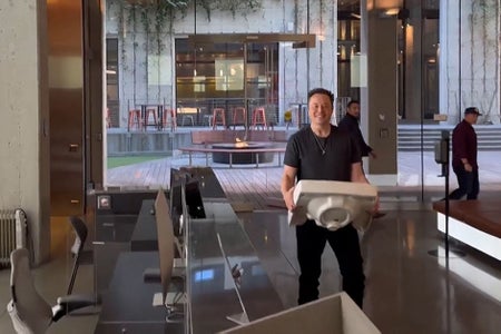 Elon Musk with sink at Twitter HQ