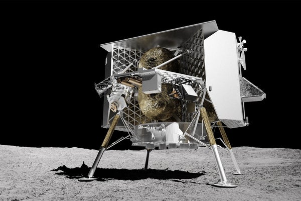 A rendering of the peregrine spacecraft on the lunar surface