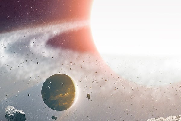An illustration of the giant planet 8 UMi b, also known as Halla, in the foreground, it's nearby red-giant star in the background to the right