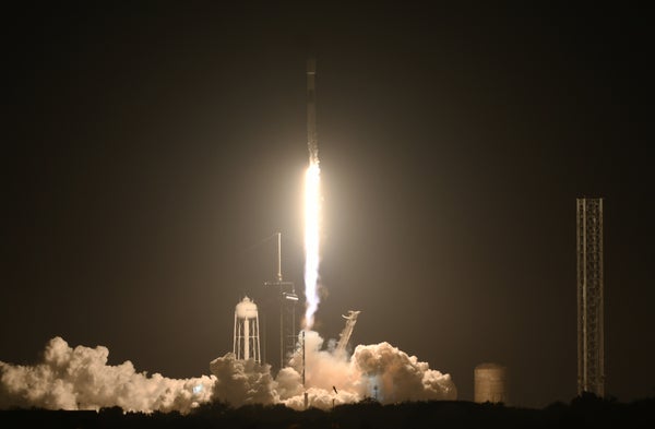 A SpaceX Falcon 9 rocket carrying Intuitive Machines' Nova-C lunar lander lifts off from Launch Pad