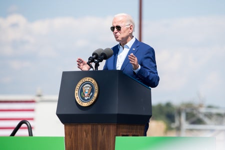 President Joe Biden delivers remarks on climate change and clean energy at Brayton Point Power Station on July 20, 2022, in Somerset, Mass.