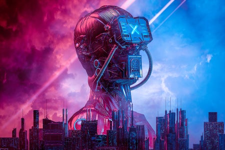 3D illustration of male science fiction humanoid cyborg rising behind modern city against ominous sky