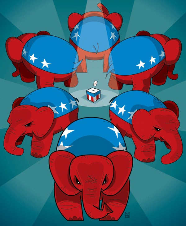 Six red elephants wearing the American flag surround a voting box.