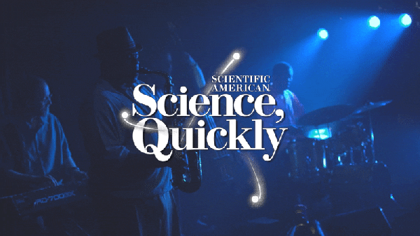 The animated title "Science, Quickly" is overlaid over a short clip in which four jazz players perform in a blue-tinted scene.