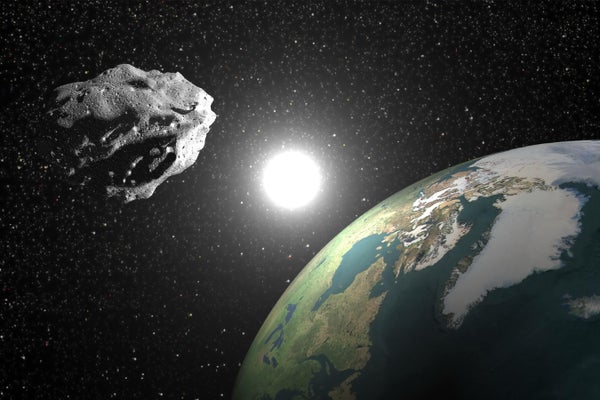 An illustration of an asteroid orbiting the sun alongside Earth