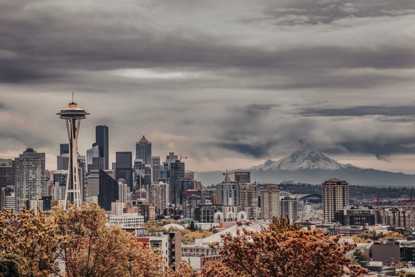 Seattle skyline with the Space Needle and Mount Rainier in the background