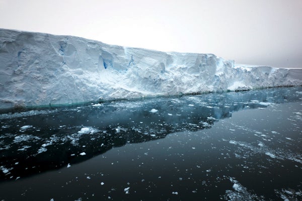 The front face of the Thwaites Ice Shelf towers up to 40 meters above the sea.
