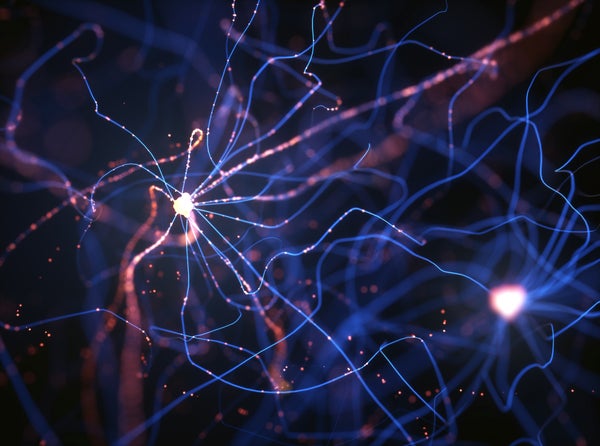 3D illustration of Interconnected neurons with electrical pulses on purple background.