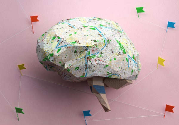 Digital generated image of brain made out of cardboard paper and paper map on pink surface with pinned flags around connected between each others.