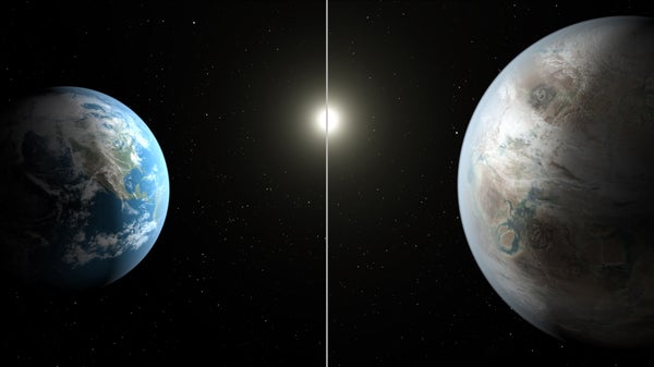 Artist rendering, split image of Earth on lefthand side and Kepler-452b on the far right side with each planet's respective star in the middle of the frame, divided by a white borderline in the center