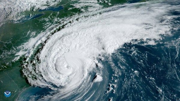 A huge, swirling hurricane, seen from a satellite.