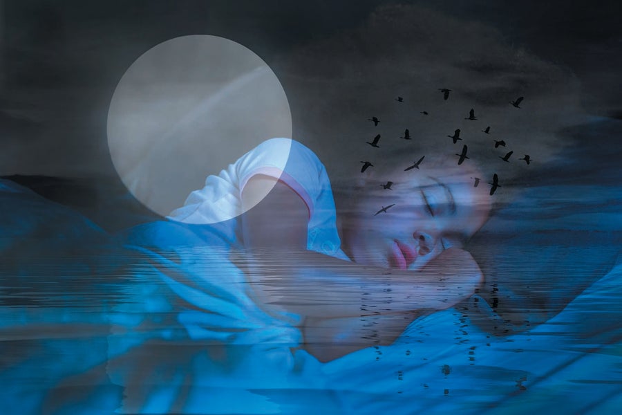 Illustration of a little girl sleeping with a faded image of the moon and flying birds over her.