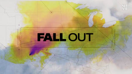 A map of the U.S. with a rainbow-colored cloud of particles over it and the words "Fall Out"