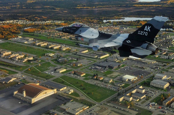 An F-16 from the 18th Aggressor Squadron flies over Eielson Air Force, Base, Alaska, Sept. 14, 2009.