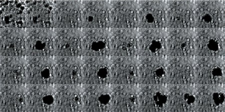 A grid of black-and-white images showing small bubbles forming and imploding.